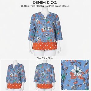 Denim & Co Blue Floral Polka Dot Stretch Crepe Blouse A351563 Womens 3X